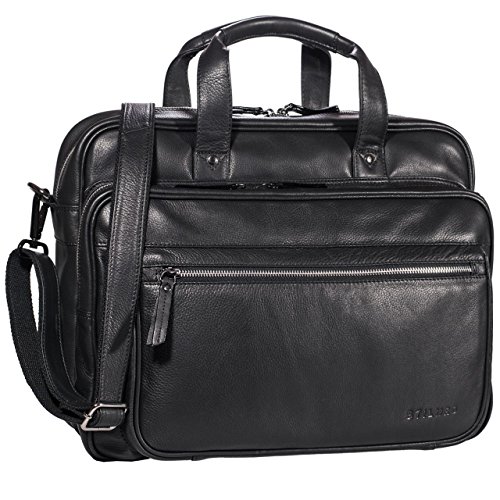 Black leather briefcase for teachers and students, multi-compartments bag with laptop compartment, Stilord