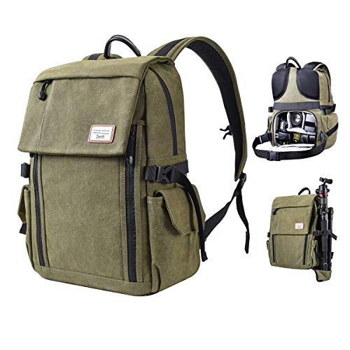 Zecti Vintage small camera backpack in waterproof khaki canvas with tripod holder
