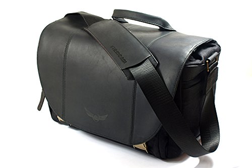 Leather and canvas camera bag with 3 black lenses