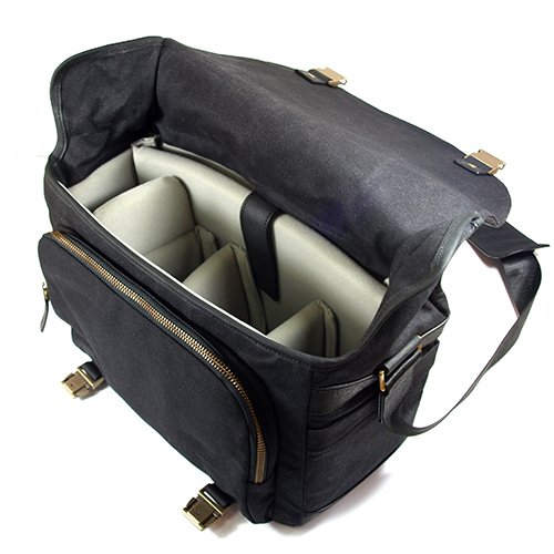 Black leather and canvas camera bag for 3 lenses