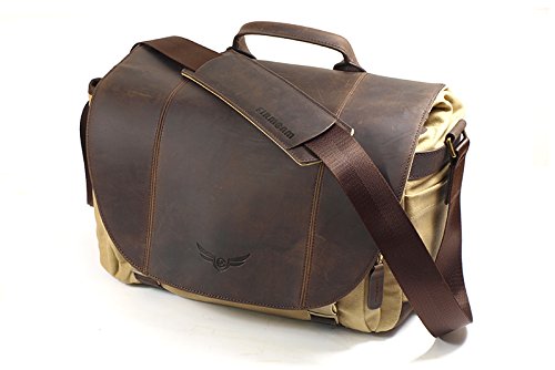 Leather and canvas camera bag for : 1 camera, 3 lenses, 11,6 shelf and accessories
