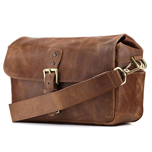 Vintage brown leather camera bag with shoulder strap