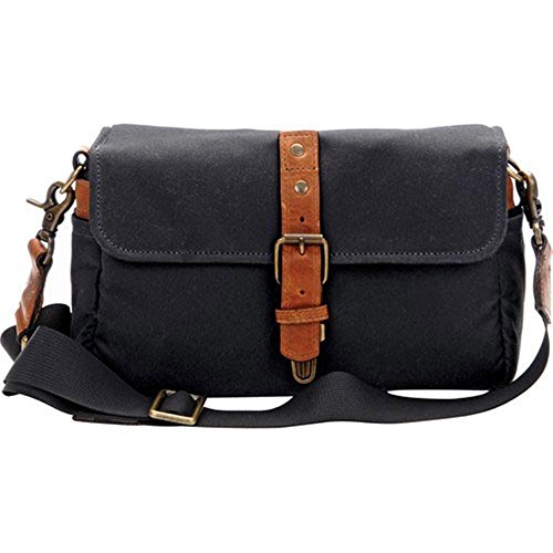Camera bag with shoulder bag, in black canvas and honey leather