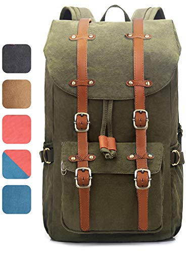 Large Evervanz green and brown leather and canvas backpack with laptop compartment for a trendy style
