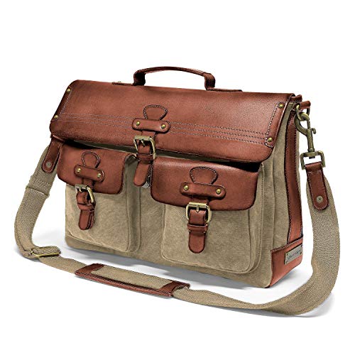Large Briefcase Drakensberg, made of leather and canvas satchel with Laptop compartment