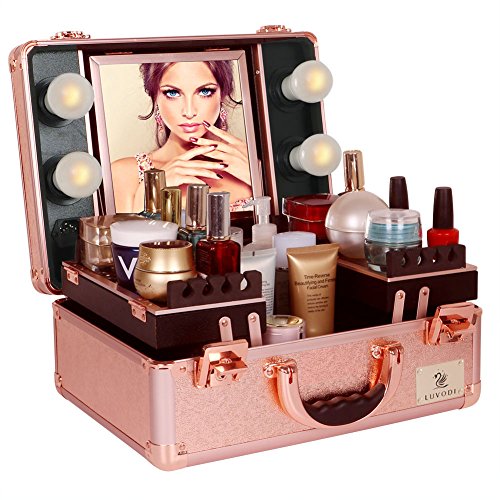 Ludovi pro make-up case with led bulbs and mirror for pro make-up artist, Golden pink