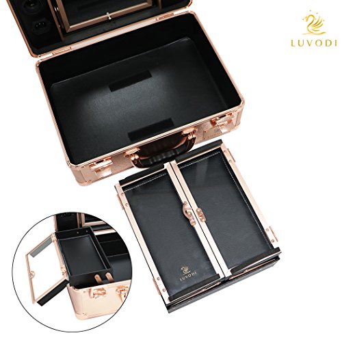 Inside or the Ludovi make-up case with led bulbs and mirror for professional make-up artist, Glamourous and pink gold