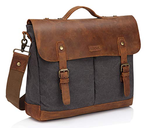 Leather and canvas shoulder bags with laptop compartment