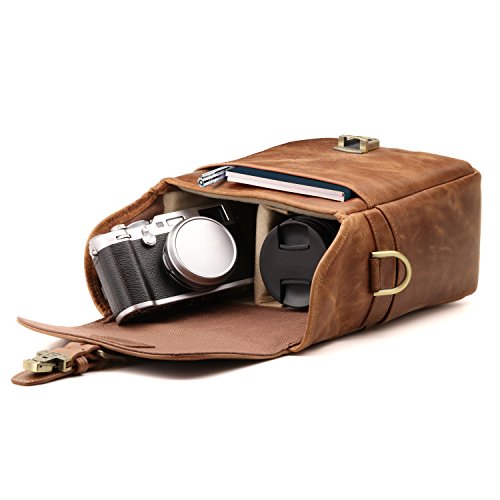 Rectangular camera bag made of honey leather with shoulder strap